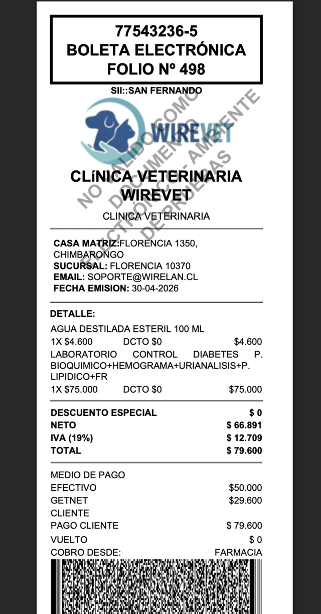 Boleta electrónica emitida por Wirevet, integrada con el SII